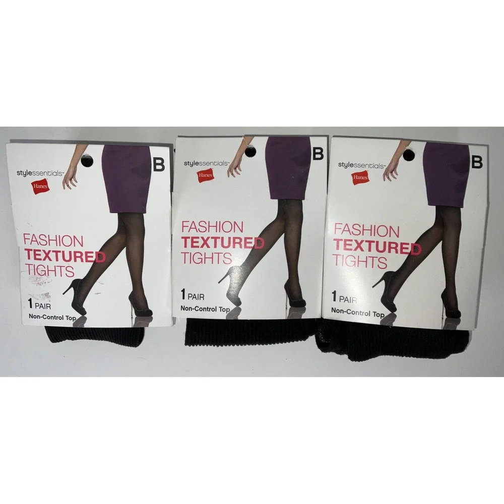 NIP‎ Lot 3 Pairs Hanes Stylessentials Fashion Textured Tights Black Size B